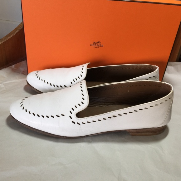 HERMES WHITE LEATHER LOAFERS PERFOR 36-6 flats slides sandals slip on pumps mule - Picture 6 of 7